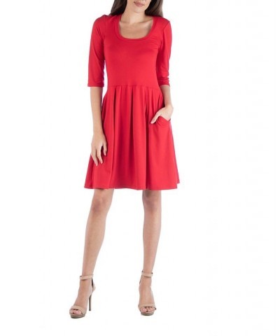 Women's 3/4 Sleeve Fit and Flare Mini Dress Red $17.85 Dresses