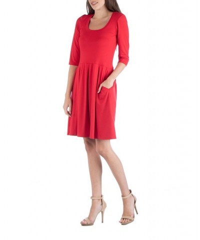 Women's 3/4 Sleeve Fit and Flare Mini Dress Red $17.85 Dresses