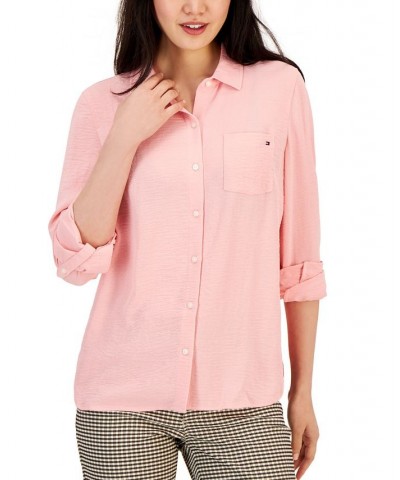 Women's Roll-Tab-Sleeve Button-Down Emblem Shirt Pink $18.45 Tops