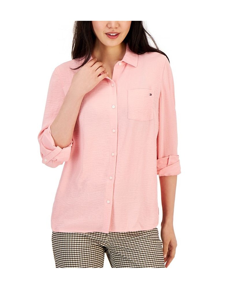 Women's Roll-Tab-Sleeve Button-Down Emblem Shirt Pink $18.45 Tops