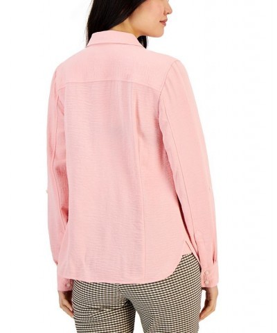 Women's Roll-Tab-Sleeve Button-Down Emblem Shirt Pink $18.45 Tops