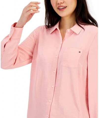 Women's Roll-Tab-Sleeve Button-Down Emblem Shirt Pink $18.45 Tops