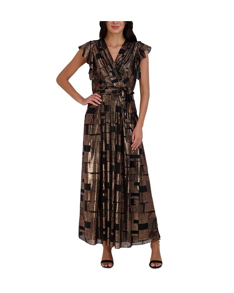 Women's Metallic Flutter-Sleeve Maxi Dress Black Multi $60.63 Dresses