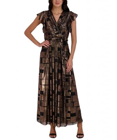 Women's Metallic Flutter-Sleeve Maxi Dress Black Multi $60.63 Dresses