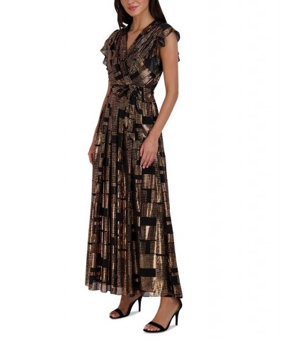 Women's Metallic Flutter-Sleeve Maxi Dress Black Multi $60.63 Dresses