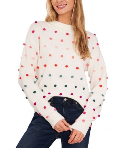 Women's Mock Neck Rainbow Pom Pom Sweater Antique White $43.14 Sweaters