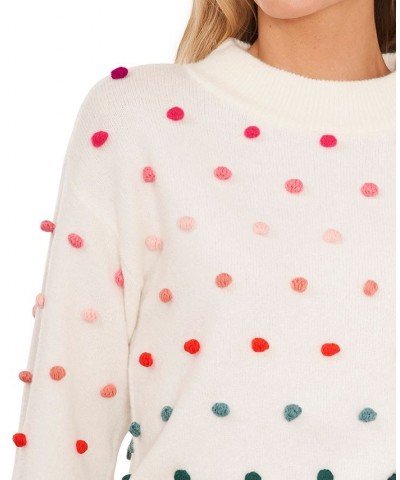 Women's Mock Neck Rainbow Pom Pom Sweater Antique White $43.14 Sweaters