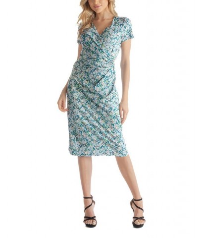 Women's Knee-Length Faux Wrap Short Sleeve Dress Blue Multi $36.90 Dresses