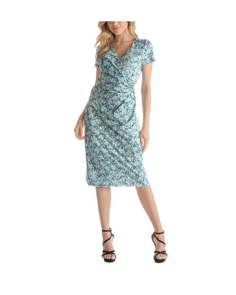 Women's Knee-Length Faux Wrap Short Sleeve Dress Blue Multi $36.90 Dresses