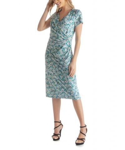 Women's Knee-Length Faux Wrap Short Sleeve Dress Blue Multi $36.90 Dresses