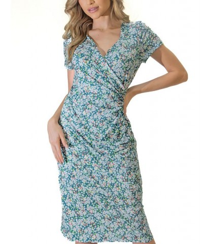 Women's Knee-Length Faux Wrap Short Sleeve Dress Blue Multi $36.90 Dresses