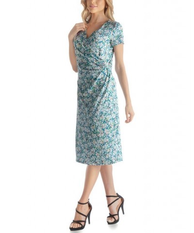 Women's Knee-Length Faux Wrap Short Sleeve Dress Blue Multi $36.90 Dresses