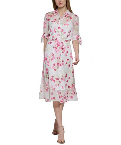 Women's Tied-Cuff Belted Shirtdress Berry Multi $44.64 Dresses