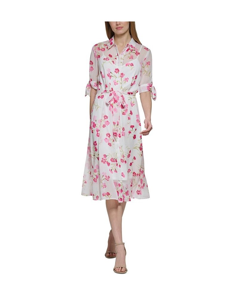 Women's Tied-Cuff Belted Shirtdress Berry Multi $44.64 Dresses