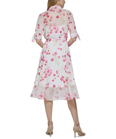 Women's Tied-Cuff Belted Shirtdress Berry Multi $44.64 Dresses