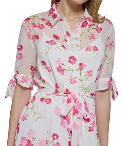 Women's Tied-Cuff Belted Shirtdress Berry Multi $44.64 Dresses