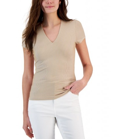 Women's Two-Toned Ribbed V-Neck Top Tan/Beige $12.76 Tops