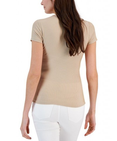 Women's Two-Toned Ribbed V-Neck Top Tan/Beige $12.76 Tops