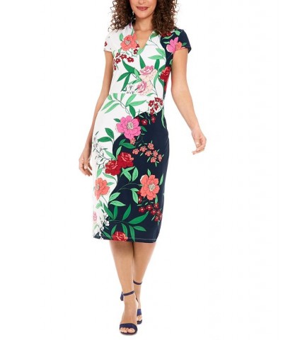 Women's V-Neck Cap-Sleeve Sheath Dress Navy Ivory $37.06 Dresses