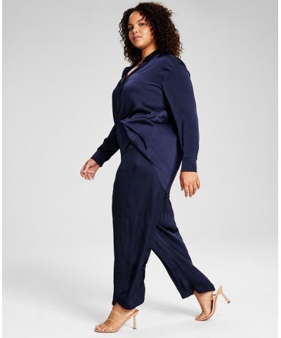 Trendy Plus Size Satin Wide-Leg Pants Blue $15.04 Pants