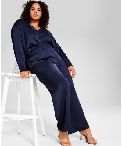 Trendy Plus Size Satin Wide-Leg Pants Blue $15.04 Pants