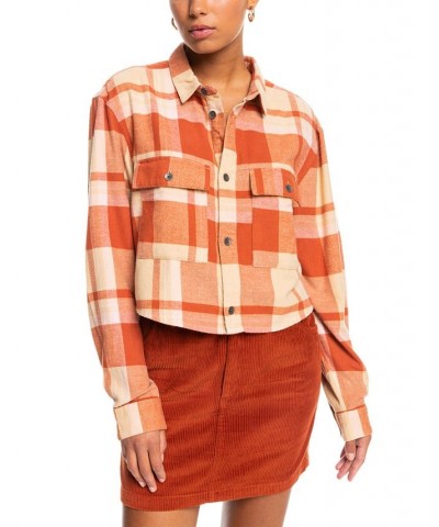 Juniors' Both Ways Cotton Plaid Cropped Shirt Beige Checkin In $21.36 Tops