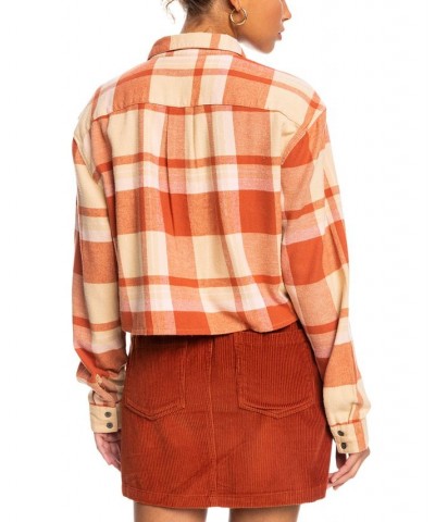 Juniors' Both Ways Cotton Plaid Cropped Shirt Beige Checkin In $21.36 Tops