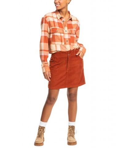 Juniors' Both Ways Cotton Plaid Cropped Shirt Beige Checkin In $21.36 Tops