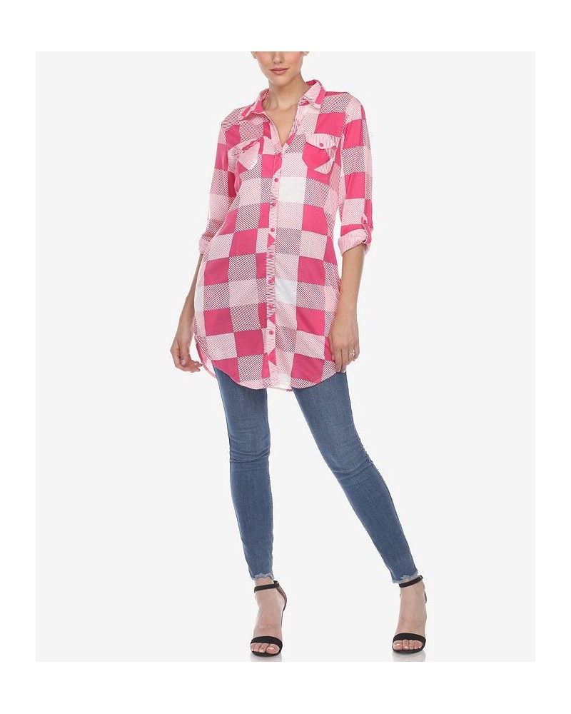 Women's Plaid Tunic Shirt Pink, White $20.52 Tops