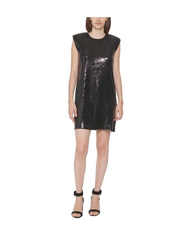 Sequined Sleeveless Shift Dress Black $23.93 Dresses