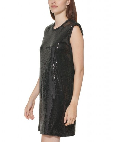 Sequined Sleeveless Shift Dress Black $23.93 Dresses