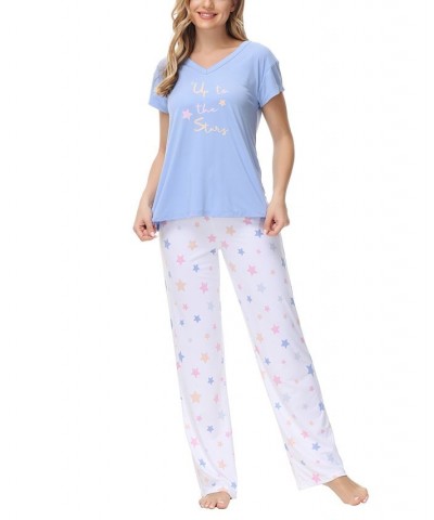 Ink Ivy Women's Knit V Neck Short Sleeve Top with Lounge Pant Set of 2 Pastel Stars $23.00 Sleepwear