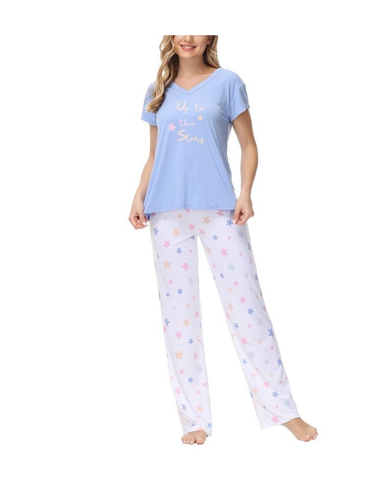 Ink Ivy Women's Knit V Neck Short Sleeve Top with Lounge Pant Set of 2 Pastel Stars $23.00 Sleepwear