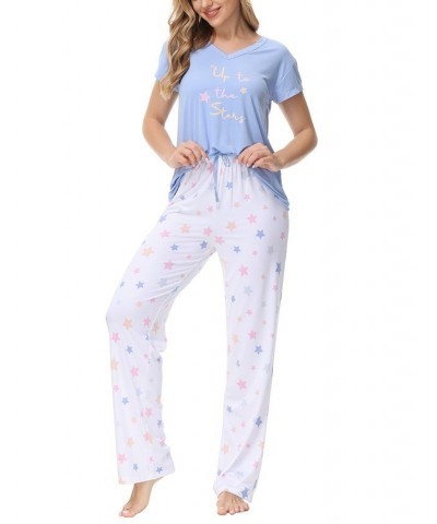 Ink Ivy Women's Knit V Neck Short Sleeve Top with Lounge Pant Set of 2 Pastel Stars $23.00 Sleepwear