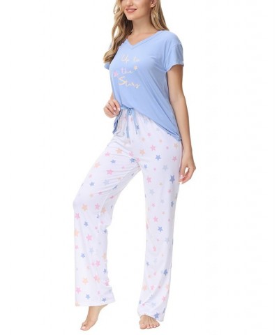 Ink Ivy Women's Knit V Neck Short Sleeve Top with Lounge Pant Set of 2 Pastel Stars $23.00 Sleepwear