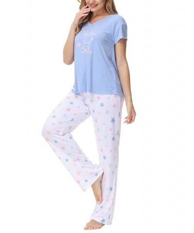 Ink Ivy Women's Knit V Neck Short Sleeve Top with Lounge Pant Set of 2 Pastel Stars $23.00 Sleepwear