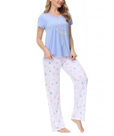 Ink Ivy Women's Knit V Neck Short Sleeve Top with Lounge Pant Set of 2 Pastel Stars $23.00 Sleepwear