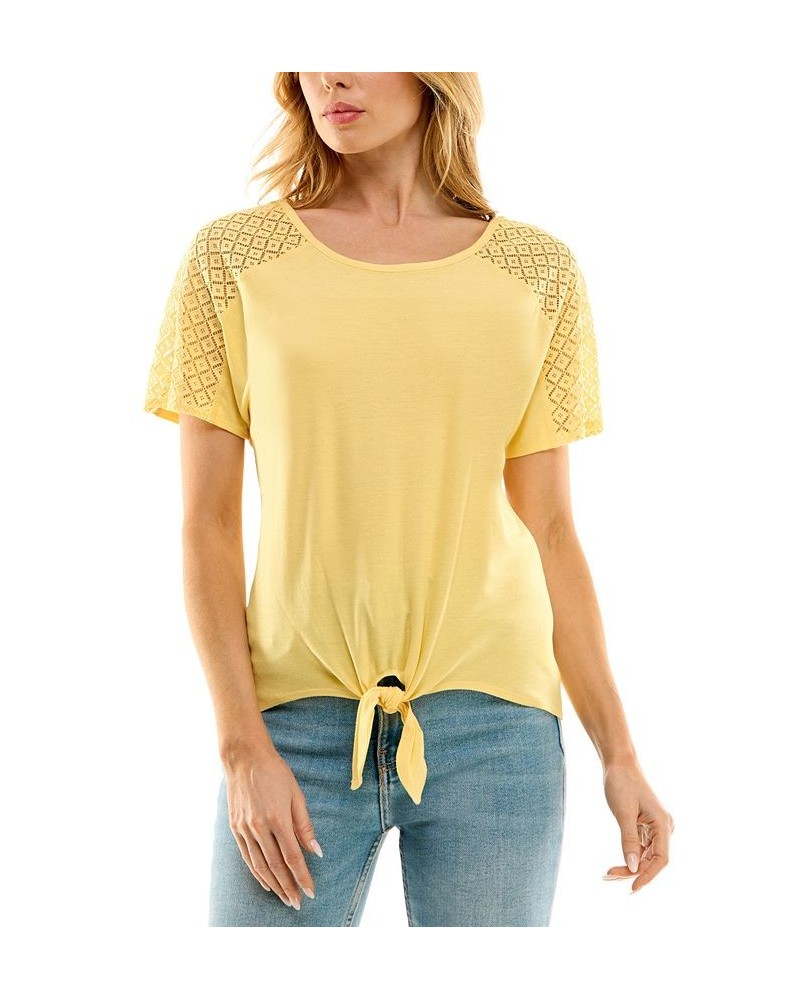 Juniors' Lace-Shoulder Tie-hem Short-Sleeve Top Soft Yellow $24.99 Tops