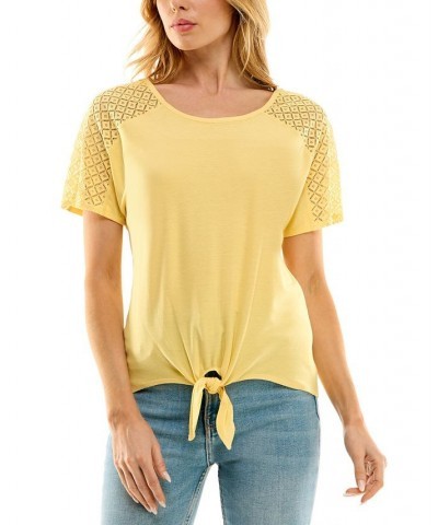 Juniors' Lace-Shoulder Tie-hem Short-Sleeve Top Soft Yellow $24.99 Tops