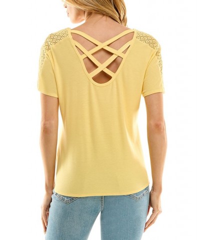 Juniors' Lace-Shoulder Tie-hem Short-Sleeve Top Soft Yellow $24.99 Tops