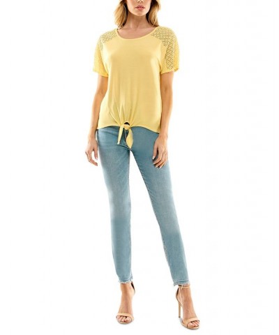 Juniors' Lace-Shoulder Tie-hem Short-Sleeve Top Soft Yellow $24.99 Tops