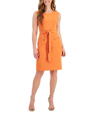 Women's Belted Cap-Sleeve Sheath Dress Orange $52.32 Dresses