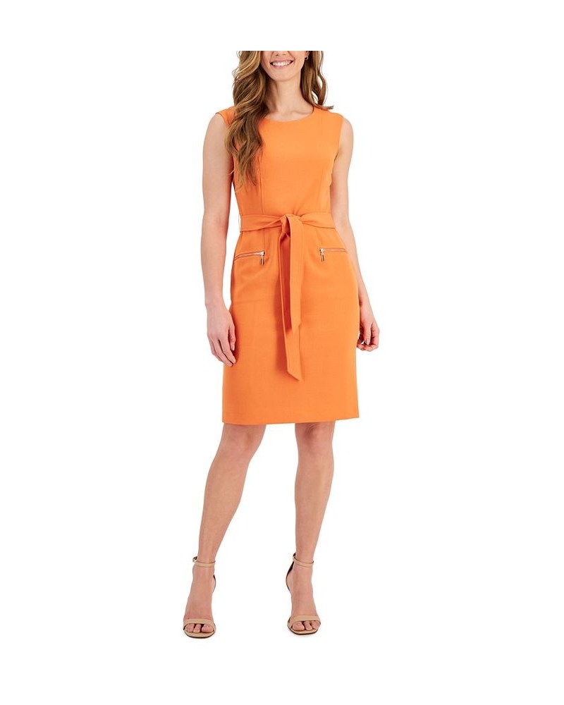 Women's Belted Cap-Sleeve Sheath Dress Orange $52.32 Dresses