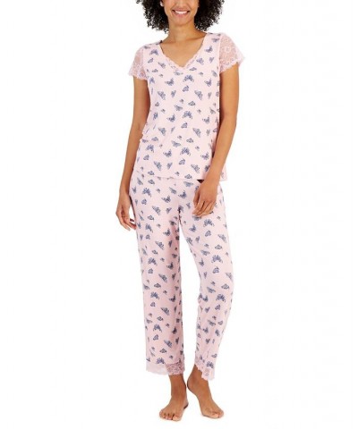 Women's Lace-Trim Printed Pajama Set Pink $15.26 Sleepwear