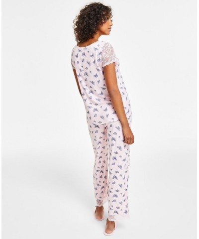 Women's Lace-Trim Printed Pajama Set Pink $15.26 Sleepwear