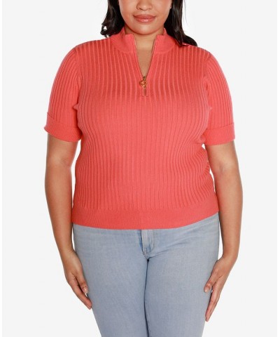 Black Label Plus Size Mock Neck Zip Front Ribbed Short Sleeve Sweater Orange $26.25 Sweaters