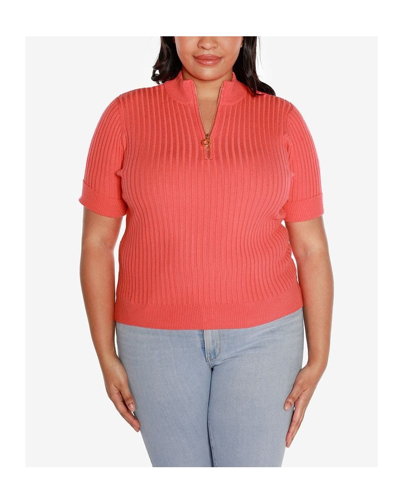 Black Label Plus Size Mock Neck Zip Front Ribbed Short Sleeve Sweater Orange $26.25 Sweaters