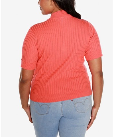 Black Label Plus Size Mock Neck Zip Front Ribbed Short Sleeve Sweater Orange $26.25 Sweaters