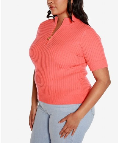 Black Label Plus Size Mock Neck Zip Front Ribbed Short Sleeve Sweater Orange $26.25 Sweaters