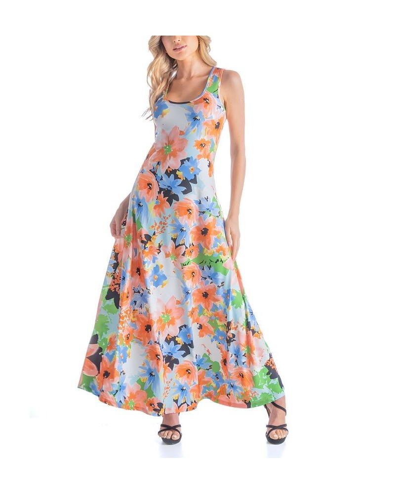 Women's Sleeveless Flowy Full Length Relaxed Dress Orange Multi $38.07 Dresses